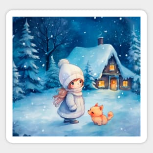 Girl and little fox at Christmas Sticker